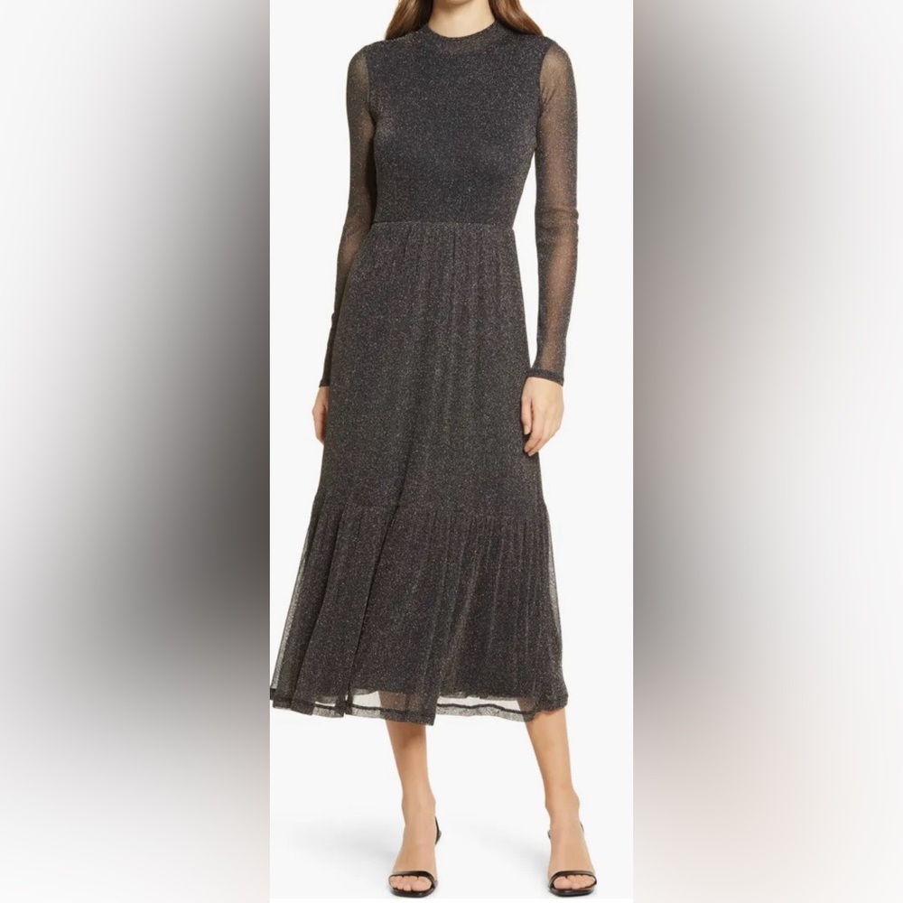 Lilly‎ Pulitzer Women’s Maeva Glitter Onyx Long Sleeve Midi Dress Size XS Black